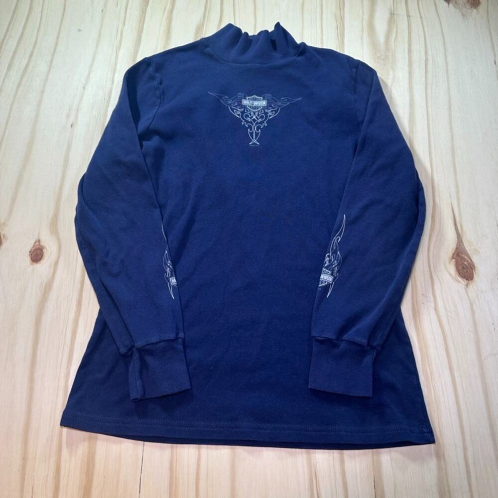 Vintage Y2K Harley Davidson Blue Long Sleeve Turtleneck T-Shirt Womens XL